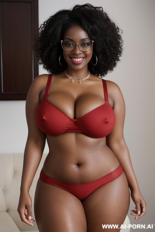 1woman, black woman, very dark skin, massive breasts, huge breasts, breast overflow, deep cleavage, curvy, chubby, thick thighs, wide hips, large afro, voluminous curly black hair, red glasses, brown - #main