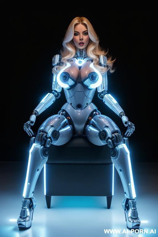 robot, front view, full body view, siting in armchair in spaceship, spreading legs wide, arms on armrests, looking at viewer, beautiful seductive human face with tanned silicone skin, long straight - #main