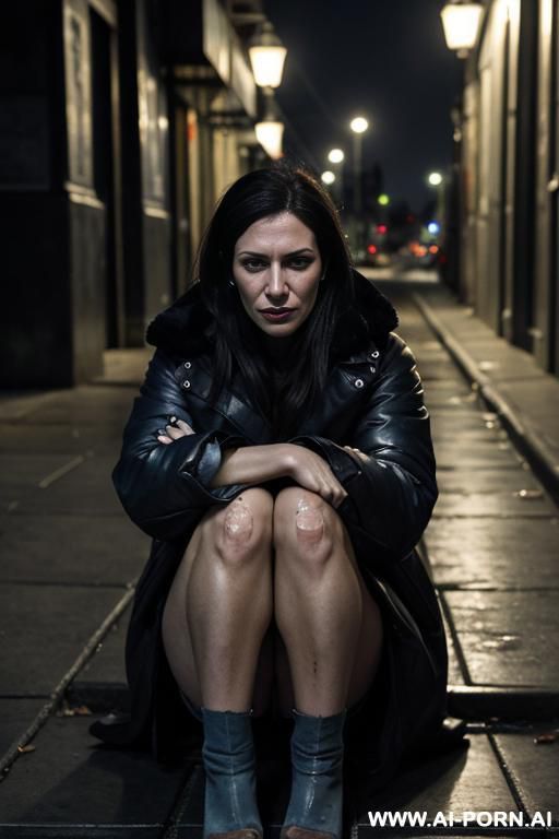 a beautiful woman in her mid-20s, sitting alone on a cold, cracked sidewalk at night, under a dim streetlight. she is nearly unclothed, wearing only torn, mal clog, portraying the impact of - #main