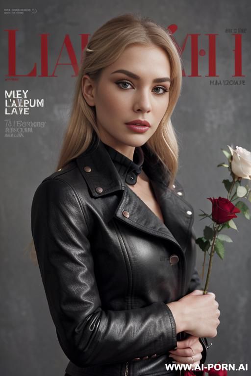 magazine cover. ultrarealistic. detailed. gray background. beautiful. red roses. spring. black leather coat - #main