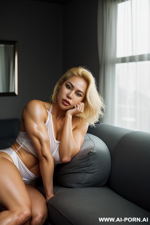 (bending over), short hair, pallid white skin, ((oiled skin)), deep eye contact, large bright eyes, ((tight sleveless nightshirt)), narrow waist, (wide hips, thick thighs), coy smirk, (muscles), - #main