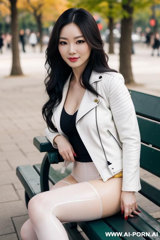 pretty, chinese, caucasian, 30, flowing wavy hair, white skin, natural boobs, slight smile, makeup, eye shw, sitting, long leather jacket, tights, high heels, blurred background, park bench background. - #main