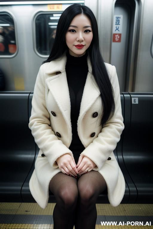 pretty, chinese, caucasian, 30, flowing black hair, white skinl, natural boobs, slight smile, makeup, eye shw, sitting, long coat, tights, high heels, blurred background, subway train background. - #main