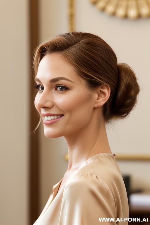 californian woman, rich wavy chestnut hair pulled back in a chignon, soft face, soft cheeks, rounded jawline, smiling, hazel eyes, wearing a cream silk blouse, natural beauty, in a classical office, facing the camera, profile picture - #main