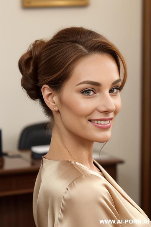 californian woman, rich wavy chestnut hair pulled back in a chignon, soft face, soft cheeks, rounded jawline, smiiling, hazel eyes, wearing a cream silk blouse, natural beauty, in a classical office - #main