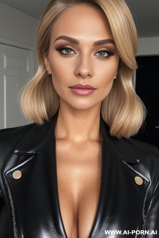 sammy jo from tv series in black leather blazer, ballerina, miss universe, top quality, gorgeous, makeup, cleavage, look at camera - #main