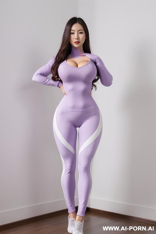 woman with gigantic breasts wearing a super tight fitting light purple compression suit and yoga pants. she is standing in a white room - #main