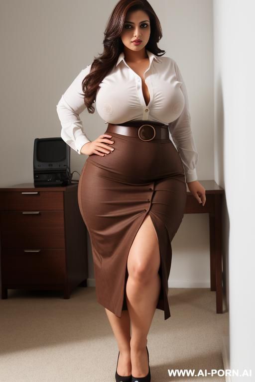 swedish, brunette, broad shoulders, wide waist, busty, in loft, office shirt and long brown skirt - #main