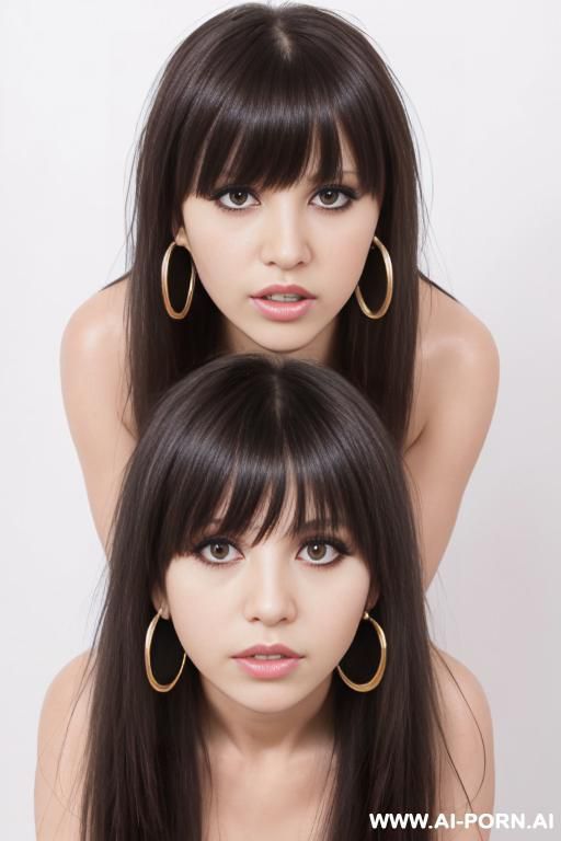 big hoop earrings, long full hair, bending down, front view, direct eye contact with viewer, white background. - #main