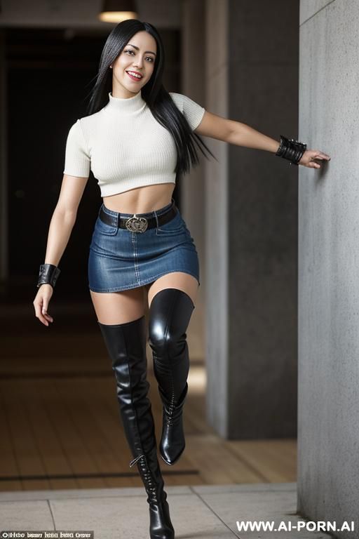 alita from the movie battle angel is wearing an altered knit short-sleeve top and denim skirt with a smile on her face, and knee-high black leather boots that are nearly knee-high in length, - #main