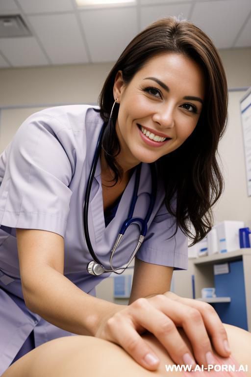 close-up, nurse, exam room, bending down, smiling - #main