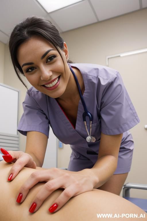 close-up, nurse, exam room, bending down, smiling, red nails - #main