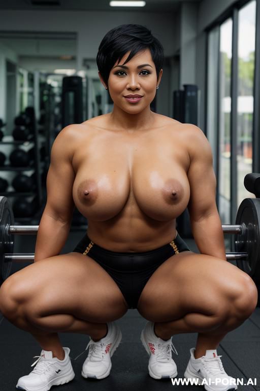 a gorgeous malay naked athlete, short pixie hair with shaved sides (( black hair )), in gym - #main