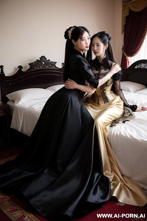 room, victorian dress, voluminous dress, full clothes, long black dress, lying on bed, hugging each other, many housemaid in background - #main