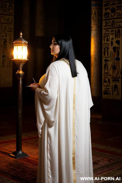 ancient egyptian chubby fifty years old blackhaired female priestess,, in a light traditional dress,, from behind,, face not visible - #main