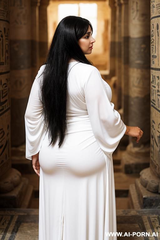 ancient egyptian chubby fifty years old blackhaired female priestess,, in a white traditional dress,, from behind,, face not visible - #main