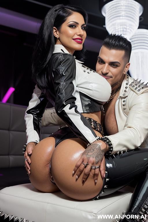 ((((persian rap milf kissing a muscular punk man on the lips)))) with ((((((gigantic tits)))))) and (((long hair))), (makeup) , (((tight spiked white latex jacket))) (((tight spiked black latex - #main