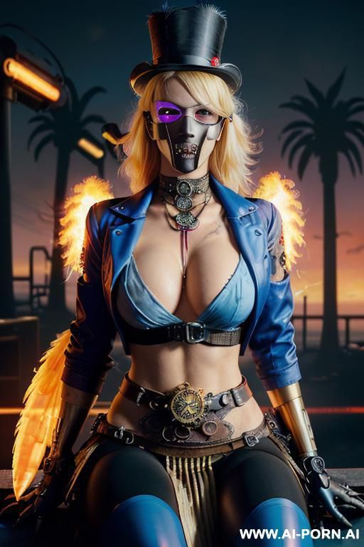 ((((masterpiece)))), (((woman sitting))), (glowing red eyes), (long blue purple and white hair with a flower), ((crop top white collar shirt with red tie)), ((((flaming angel wing)))), ((navy formal - #main
