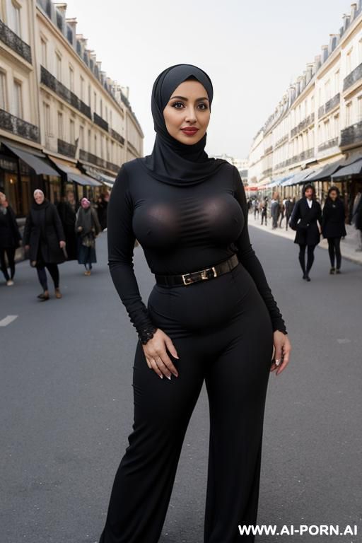 3-year-old moroccan woman in paris, black jilbab, very tight black long-sleeve top emphasizing large breasts, white high-waisted pants, confident pose with hand on hip, parisian street with classic - #main