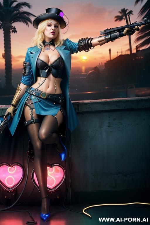 ((((masterpiece)))), (((woman sitting))), ((crop top white collar shirt with red tie)), ((((transparent outfit)))), ((navy formal coat)), (((electric blue cyborg armor)))), ((black eyepatch)), (((((holding - #main