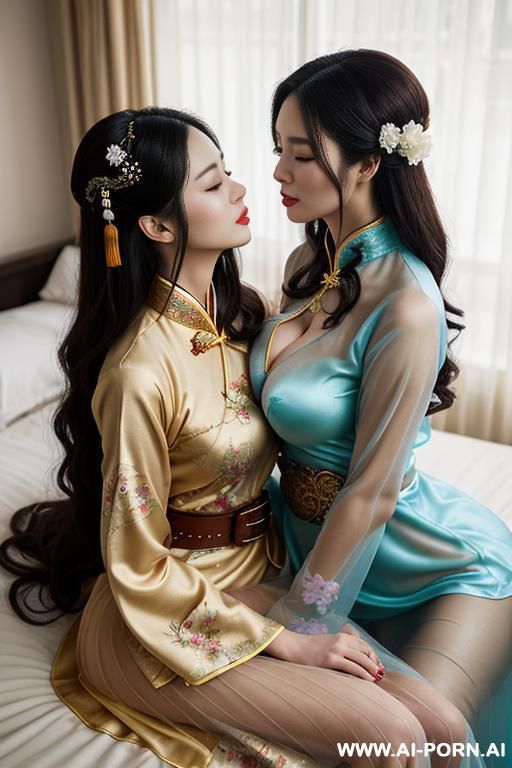 tea party, full clothes, pleated dress, chinese clothes, traditional clothes, chinese wedding, old china outfit , lights color coat , 2 womens, lying on bed, women on top, hugging each other, kissing, lookimg at another - #main