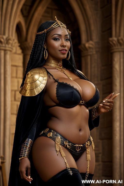 very dark skin; strong african features; massive saggy boobs; wide hips; thick thighs, smile - #main