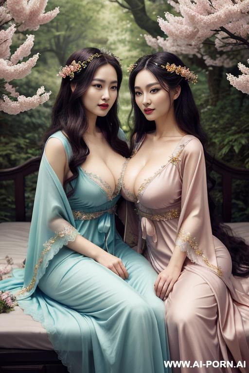 room, victorian dress, voluminous dress, full clothes, sheer dress, lying on bed, hugging each other, sitting on lap, looking at another - #main