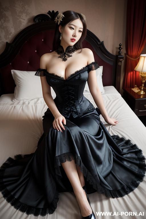 room, victorian dress, voluminous dress, full clothes, black dress, lying on bed, hugging each other, sitting on lap - #main