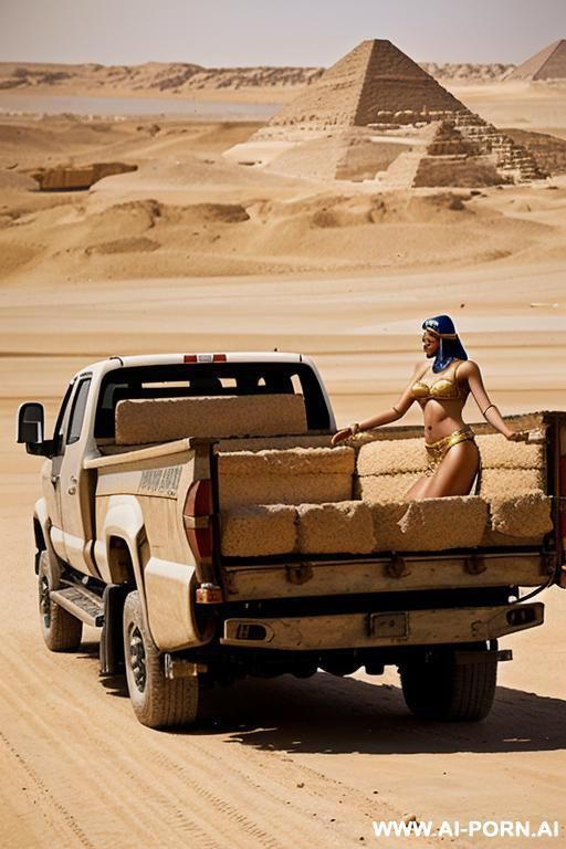 truck transporting heavy oversized loads in ancient egyptian scene in a desert ambiente - #main