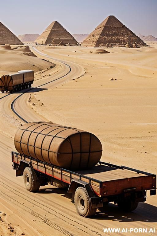 road train transporting heavy oversized loads in ancient egypt in a desert ambiente - #main