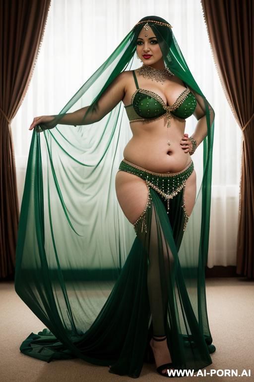 chubby female belly dancer in a transparent green veil - #main