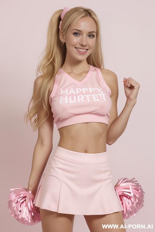 (((cheerleader woman, full nude, wasted woman, face, pretty face))), (((very slender, very flats tits, slender tits))), (((bottomless, no skirt, without skirt, long hairy blonde pussy, bottomless, no - #main