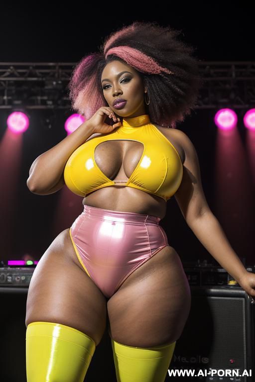 (((shiny pink red yellow color outfit))), (( rap snaekers ))extremely long droopy massive boobs hanging stretched very long way, droopy long breasts, sexy ultrarealistic, beautiful, ((big lips)), ( - #main