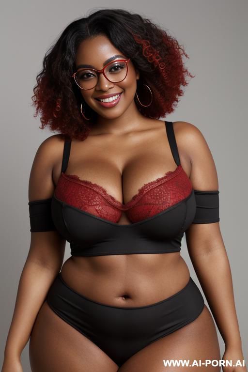 1woman, black woman, very dark skin, massive breasts, huge breasts, breast overflow, deep cleavage, curvy, chubby, thick thighs, wide hips, large afro, voluminous curly black hair, red glasses, brown - #main