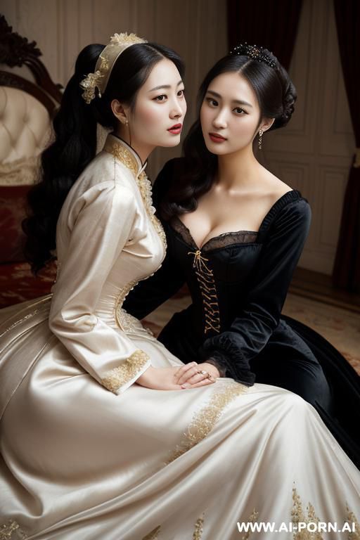 room, victorian dress, voluminous dress, full clothes, black dress, lying on lap, hugging each other, many housemaid in background - #main