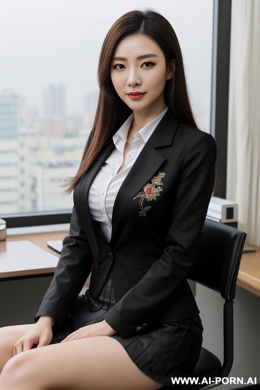 图中人物为主题，从脚向上的仰视效果，让人物坐着， 采用近大远小的构图和超广角视觉，低角度拍摄，增强空间感视觉冲击力，传黑色低胸内衣，人物慵懒的靠在椅子上，分开双腿，不穿鞋，表情轻蔑微微斜视，露出脚趾，踩在镜头脸上 - #main