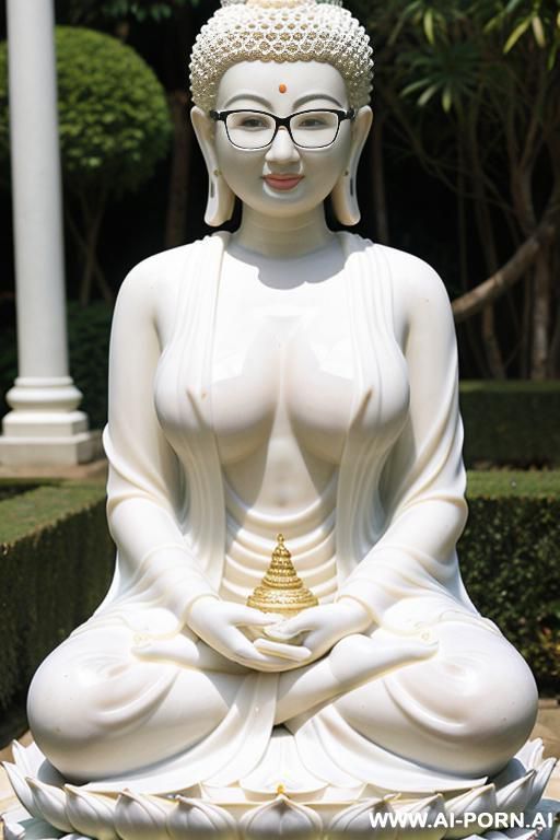 thai, fair skin, plump, big breasts, curly hair, glasses, white see-through dress, garden, buddha statue. - #main