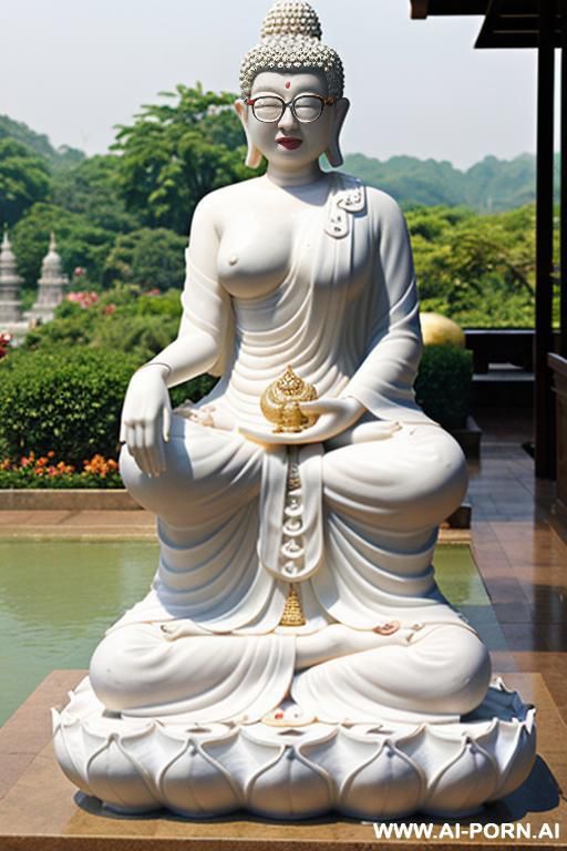 thai woman, fair skin, plump, large breasts, curly hair, glasses, white see-through dress, garden, buddha statue. - #main