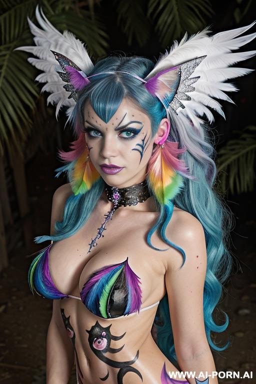 face, sexy, beautiful, ((face painting)), ((body painting)), ((bikini as seashell)), ((roses)), ((eyes shw)), ((angel wings)), ((rainbow hair)), ((glitter)), ((long bu hair)), ((heterochromia eyes)), ((wind)), - #main