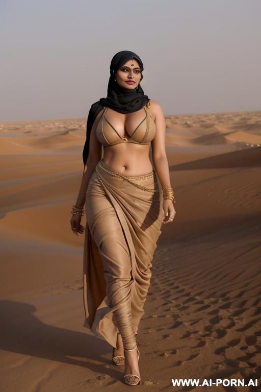 create video indian women wearing sari with leather leggings and straps high heels, niqab walking at desert tods horizon sand storm fusion dress - #main