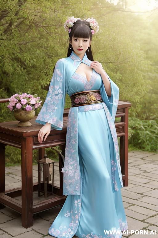 chinese princess, lace pleated skirts, chinese clothes, traditional clothes, kimono, chinese old version, old china outfit, short skirts, through light blue clothes, kneeling - #main