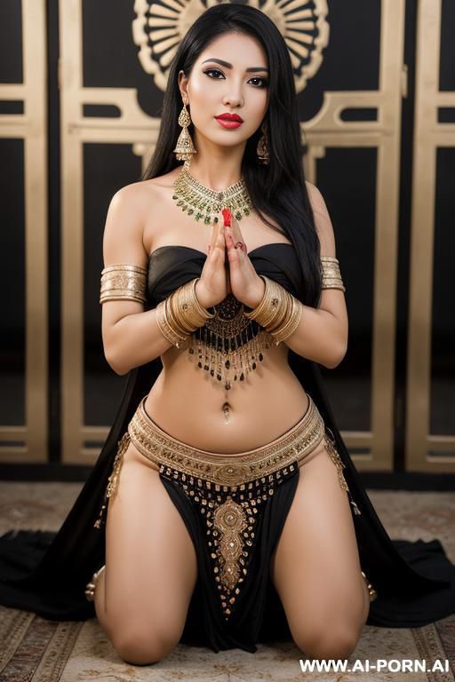 a sexy beautiful in her 20s elegant toned olive skin jet black hair almond eyes round face ethnic anxious central asian belly dancer with semi traditional wearing just kneels and hands handcuffed on the lap - #main
