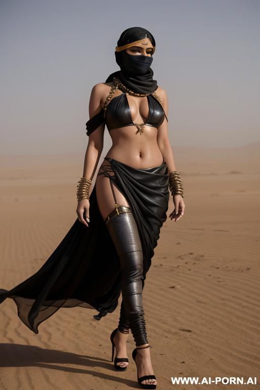 women wearing sari with leather leggings and straps high heels, niqab walking at desert tod horizon sand storm fusion dress - #main