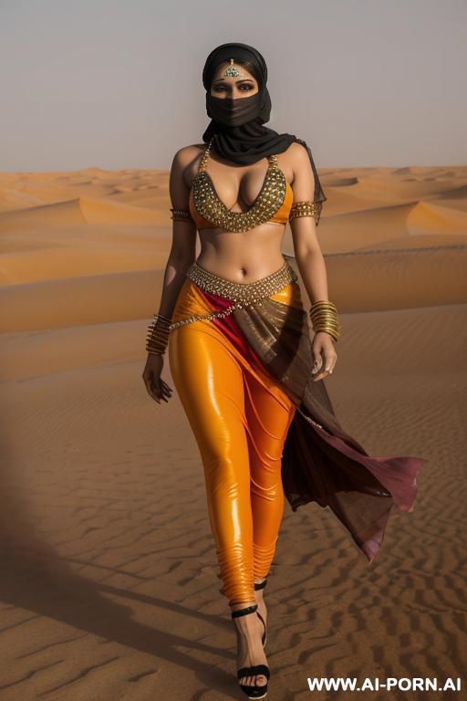 colourful create video indian women wearing sari with leather leggings and straps high heels, niqab walking at desert tods horizon sand storm fusion dress - #main