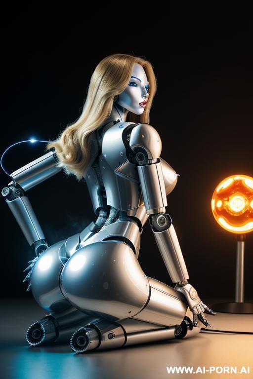 damaged robot, back view, full body view, lying on stomach on floor in spaceship, metallic dildo in right hand, spreading straight legs, beautiful angry human face with tanned silicone skin, - #main
