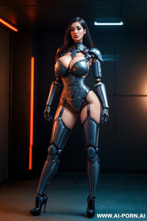 high heels. humanoid buxom robot women soldier with armour and weapons neon light dress police officer - #main