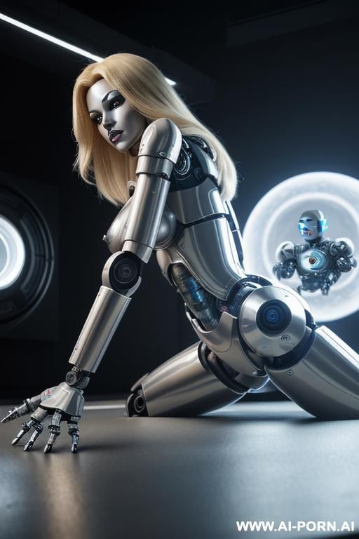 damaged robot, back view, full body view, lying on stomach on floor in spaceship, metallic dildo in right hand, spreading straight legs, beautiful angry human face with tanned silicone skin, - #main