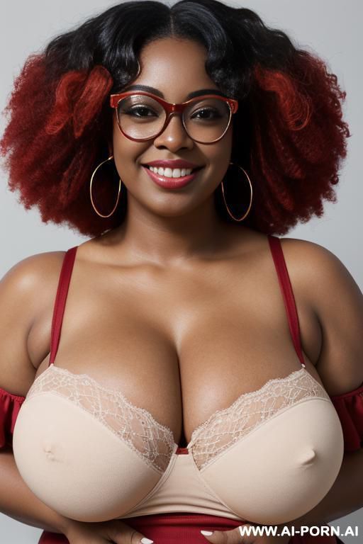 1woman, black woman, very dark skin, massive breasts, huge breasts, breast overflow, deep cleavage, curvy, chubby, thick thighs, wide hips, large afro, voluminous curly black hair, red glasses, brown - #main
