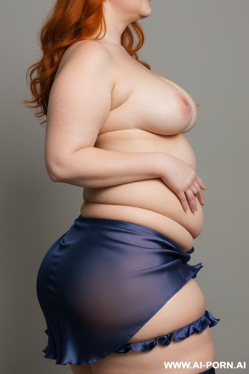 half body photo shot close up side view. a ((british obese fat bbw redhead)), ((thick with love handless)). ((wearing a yellow sexy and hot garter belt lingerie, and a dark-blue ruffle silk micro-skirt)). she is smiling - #main