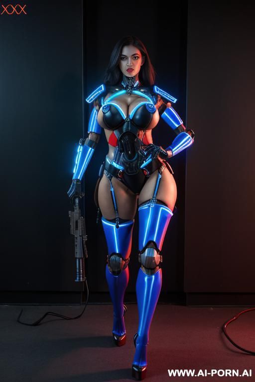 high heels. humanoid buxom robot women soldier with armour and weapons neon light dress police officer blue red - #main
